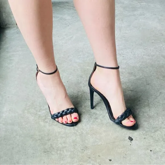 RAYE REVOLVE Lyka Black Braided Open Toe Ankle Stiletto Heels Sandals Shoes 8.5