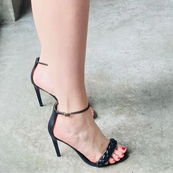 RAYE REVOLVE Lyka Black Braided Open Toe Ankle Stiletto Heels Sandals Shoes 8.5