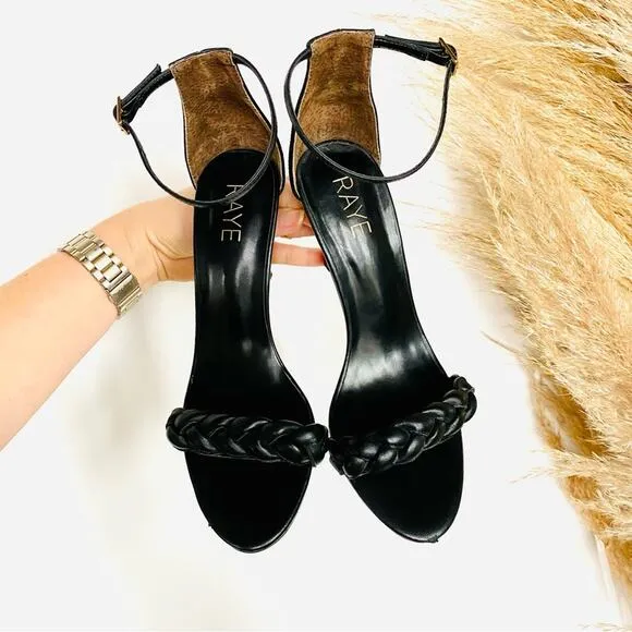 RAYE REVOLVE Lyka Black Braided Open Toe Ankle Stiletto Heels Sandals Shoes 8.5