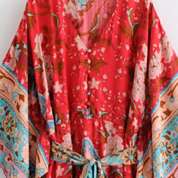 Red Bohemian Floral Boho Lotus Gypsy Kimono Maxi Dress