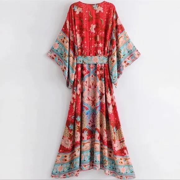 Red Bohemian Floral Boho Lotus Gypsy Kimono Maxi Dress