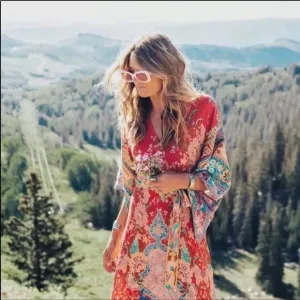Red Bohemian Floral Boho Lotus Gypsy Kimono Maxi Dress