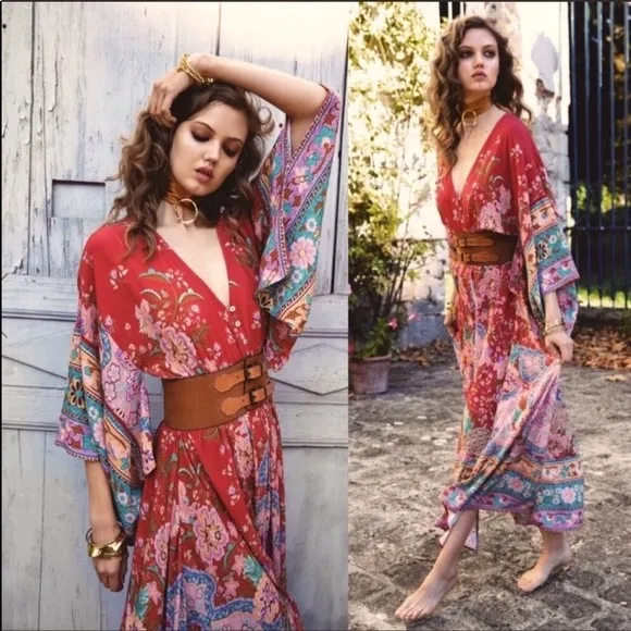 Red Bohemian Floral Boho Lotus Gypsy Kimono Maxi Dress