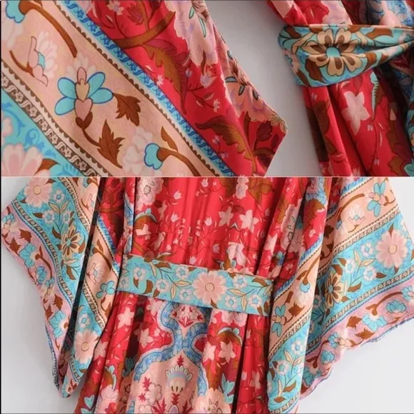 Red Bohemian Floral Boho Lotus Gypsy Kimono Maxi Dress