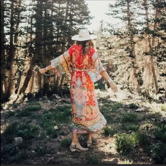 Red Bohemian Floral Boho Lotus Gypsy Kimono Maxi Dress
