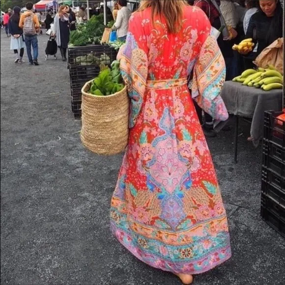 Red Bohemian Floral Boho Lotus Gypsy Kimono Maxi Dress