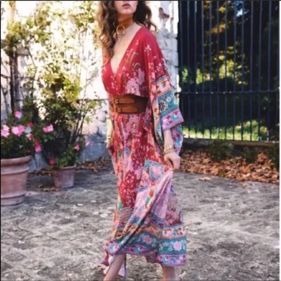 Red Bohemian Floral Boho Lotus Gypsy Kimono Maxi Dress