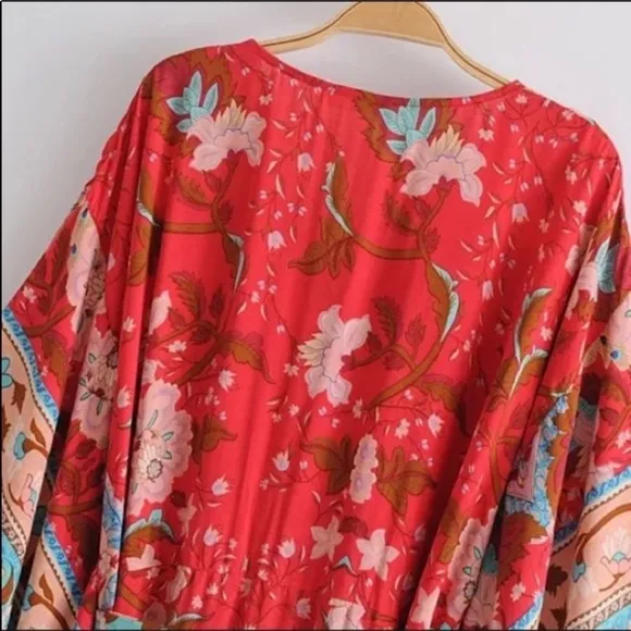 Red Bohemian Floral Boho Lotus Gypsy Kimono Maxi Dress