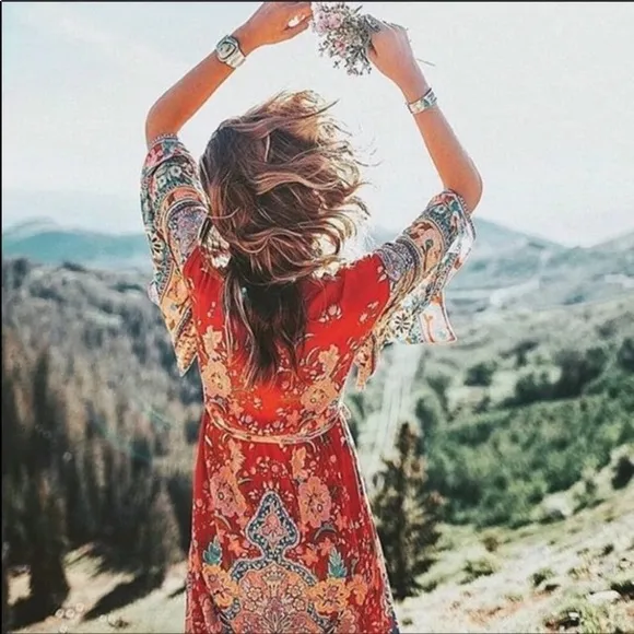 Red Bohemian Floral Boho Lotus Gypsy Kimono Maxi Dress