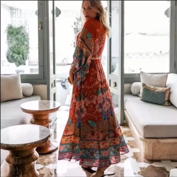 Red Bohemian Floral Boho Lotus Gypsy Kimono Maxi Dress