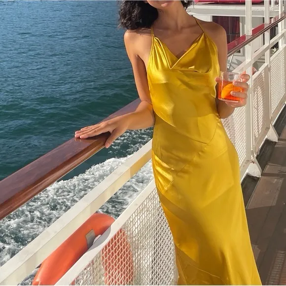 Reformation Torin Open-back Cowl Neck Midi Dress in Gold Size XL