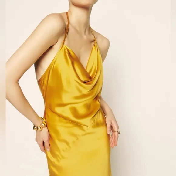 Reformation Torin Open-back Cowl Neck Midi Dress in Gold Size XL