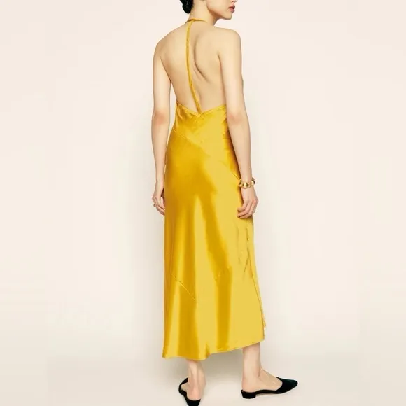 Reformation Torin Open-back Cowl Neck Midi Dress in Gold Size XL