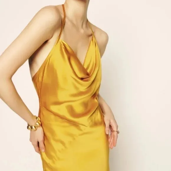 Reformation Torin Open-back Cowl Neck Midi Dress in Gold Size XL
