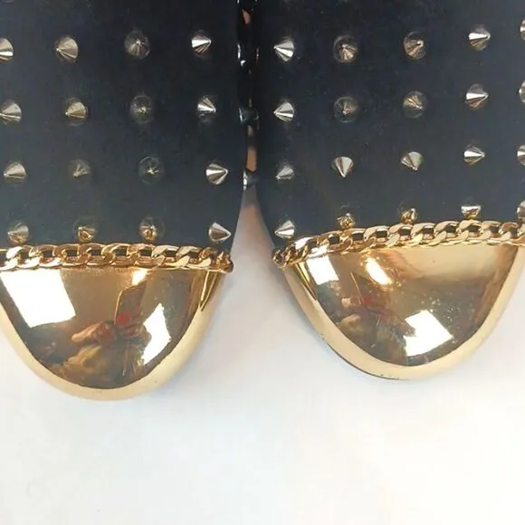 RESSO ROTH men's black suede gold studs and metal toe / chain loafers size 8