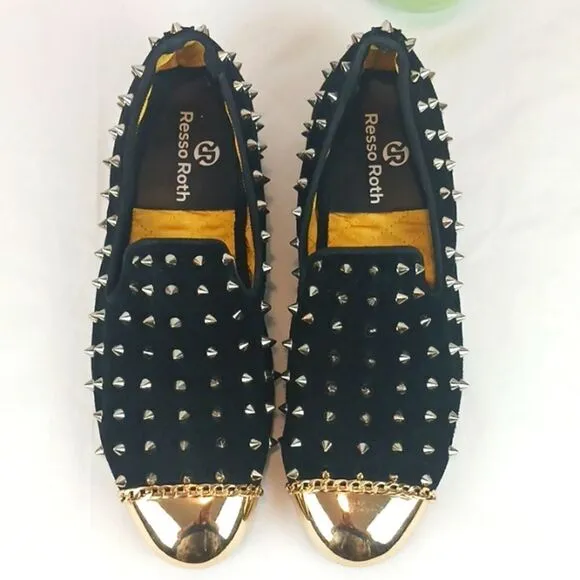 RESSO ROTH men's black suede gold studs and metal toe / chain loafers size 8