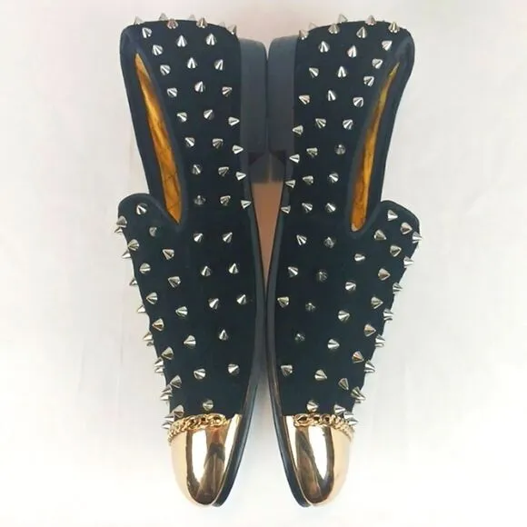 RESSO ROTH men's black suede gold studs and metal toe / chain loafers size 8