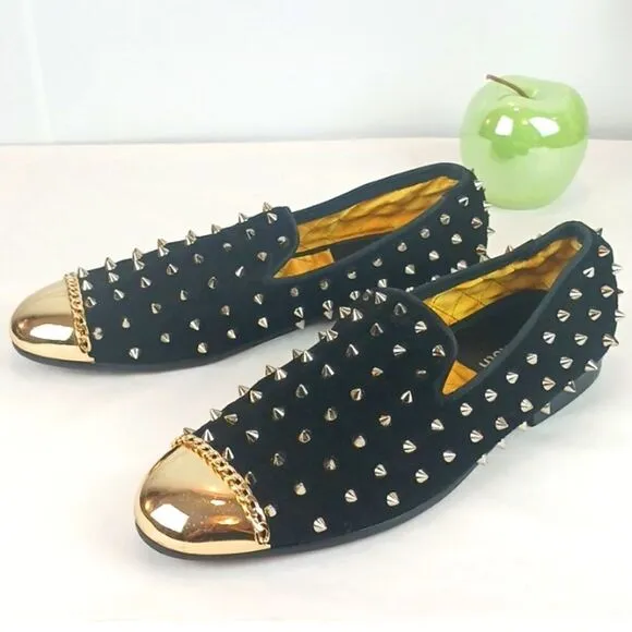 RESSO ROTH men's black suede gold studs and metal toe / chain loafers size 8