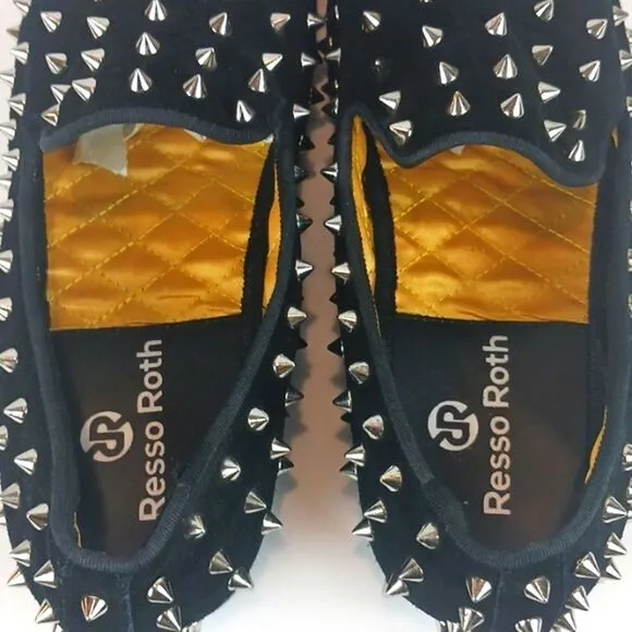 RESSO ROTH men's black suede gold studs and metal toe / chain loafers size 8