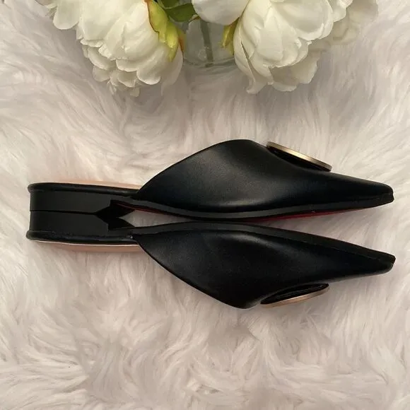 Riveted Black Gold Pointed Toe Flat Mules Shoes