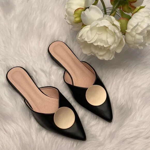 Riveted Black Gold Pointed Toe Flat Mules Shoes