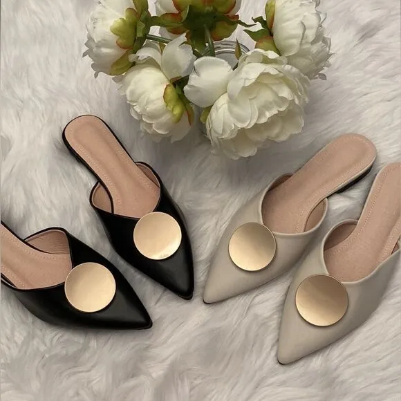 Riveted Black Gold Pointed Toe Flat Mules Shoes