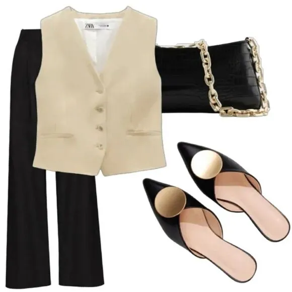 Riveted Black Gold Pointed Toe Flat Mules Shoes
