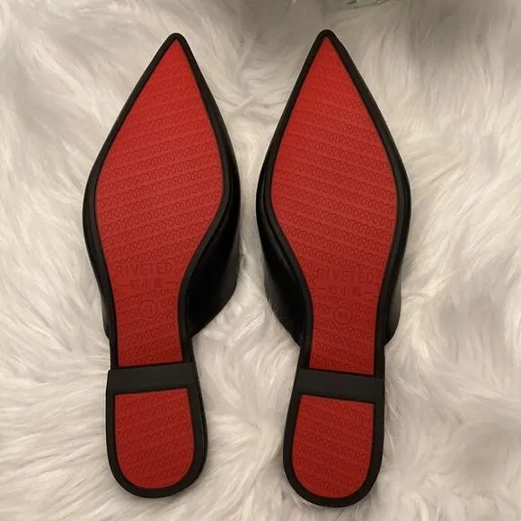 Riveted Black Gold Pointed Toe Flat Mules Shoes