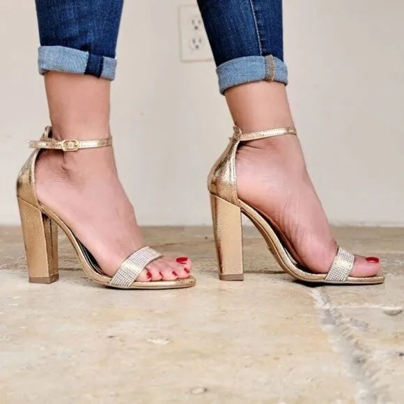 Rose Gold Rhinestone Accent Metallic Chunky Heels
