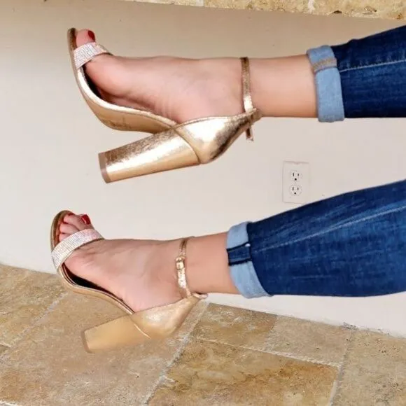 Rose Gold Rhinestone Accent Metallic Chunky Heels