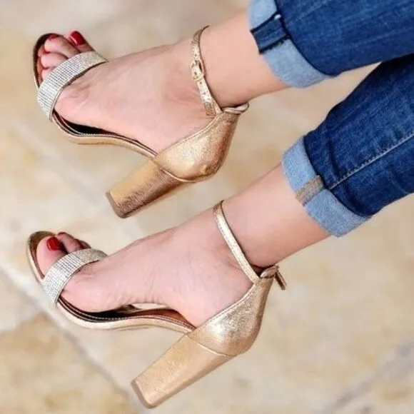 Rose Gold Rhinestone Accent Metallic Chunky Heels