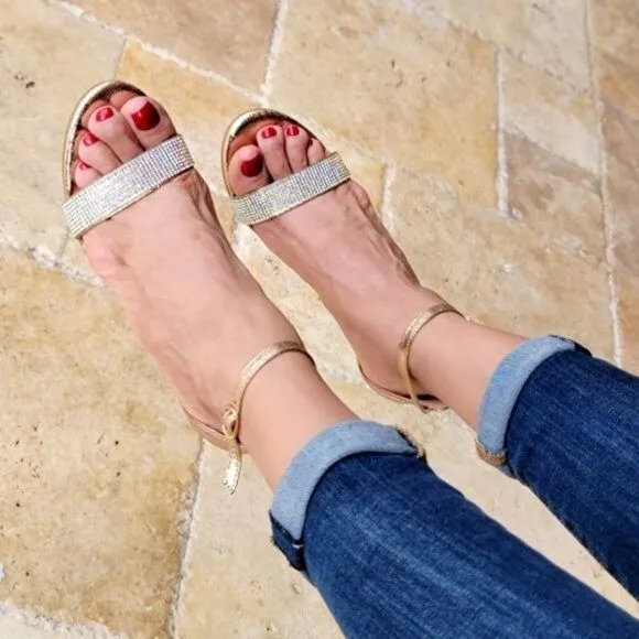 Rose Gold Rhinestone Accent Metallic Chunky Heels