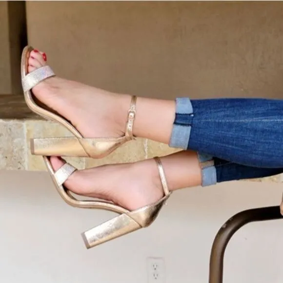 Rose Gold Rhinestone Accent Metallic Chunky Heels