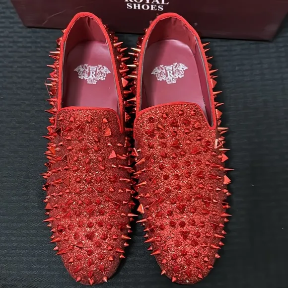 Royal Shoes Red Spikes Red Bottoms Mens Smoking Slip-on Dress Shoes Sizes 9 EUC