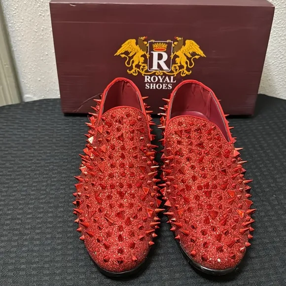 Royal Shoes Red Spikes Red Bottoms Mens Smoking Slip-on Dress Shoes Sizes 9 EUC