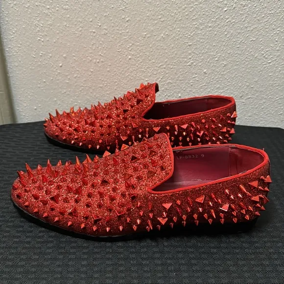 Royal Shoes Red Spikes Red Bottoms Mens Smoking Slip-on Dress Shoes Sizes 9 EUC