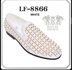 Royal Shoes white with Gold Spikes & Rhinestones Smoking Slip-on Red Bottom Men’s Dress Shoes LF-8866 Sizes 8-13