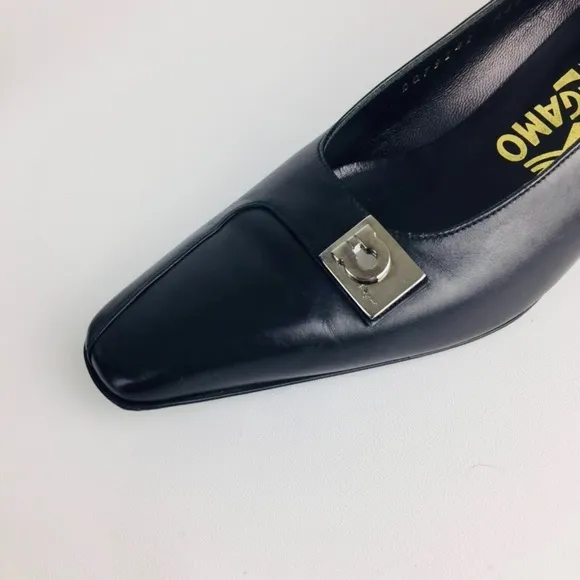 Salvatore Ferragamo Black Gancini Kitten Heel Pumps 6.5