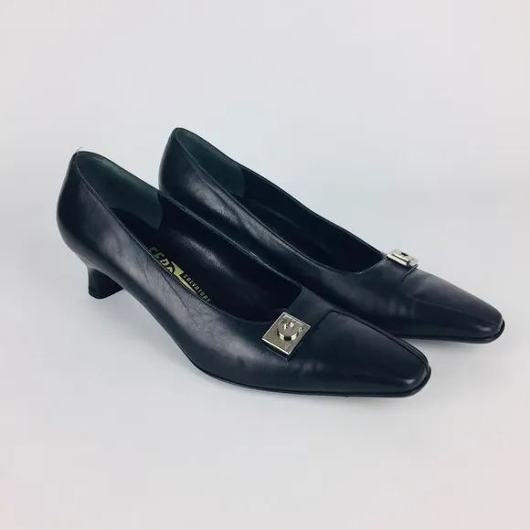 Salvatore Ferragamo Black Gancini Kitten Heel Pumps 6.5