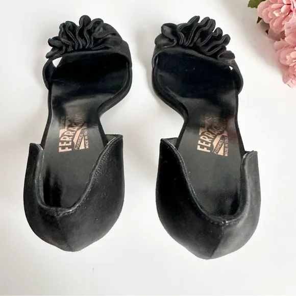 SALVATORE FERRAGAMO Black Satin D'Orsay Ruffle Open Toe High Heel Pumps