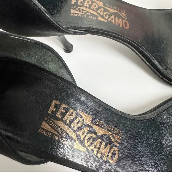 SALVATORE FERRAGAMO Black Satin D'Orsay Ruffle Open Toe High Heel Pumps