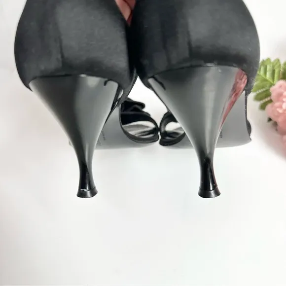 SALVATORE FERRAGAMO Black Satin D'Orsay Ruffle Open Toe High Heel Pumps