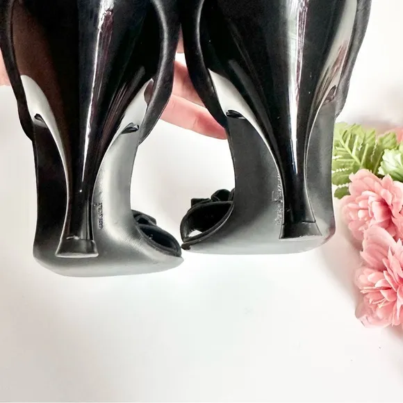 SALVATORE FERRAGAMO Black Satin D'Orsay Ruffle Open Toe High Heel Pumps