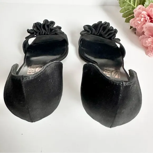 SALVATORE FERRAGAMO Black Satin D'Orsay Ruffle Open Toe High Heel Pumps