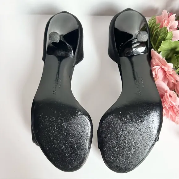 SALVATORE FERRAGAMO Black Satin D'Orsay Ruffle Open Toe High Heel Pumps