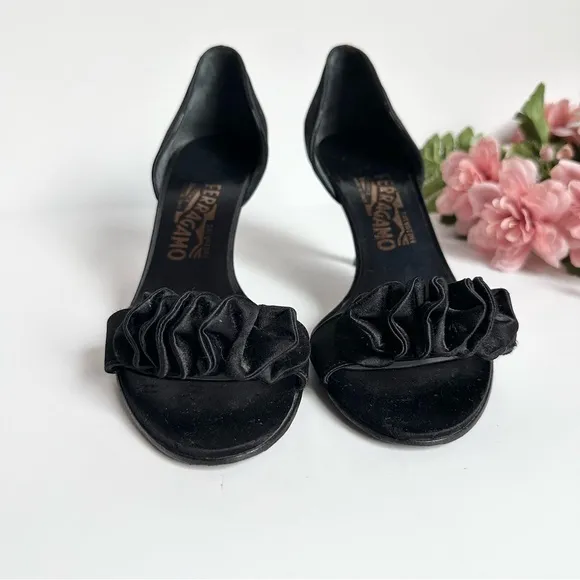 SALVATORE FERRAGAMO Black Satin D'Orsay Ruffle Open Toe High Heel Pumps