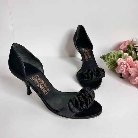 SALVATORE FERRAGAMO Black Satin D'Orsay Ruffle Open Toe High Heel Pumps