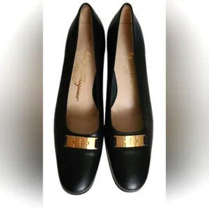 Salvatorre Ferrangamo Black Heels With Gold Detail Italian Leather 9.5