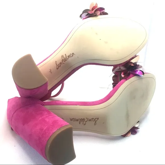 SAM EDELMAN &quot;YAL&quot; PINK SUEDE BLOCK HEEL SHOES WITH FEATHERS &amp; LG SEQUINS (9.5)
