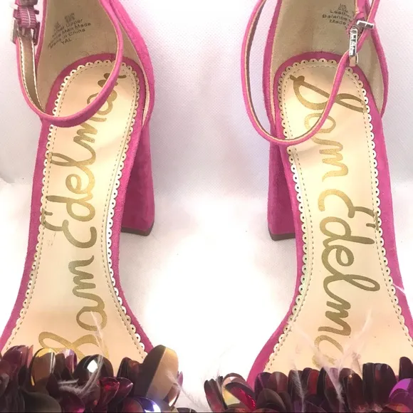 SAM EDELMAN &quot;YAL&quot; PINK SUEDE BLOCK HEEL SHOES WITH FEATHERS &amp; LG SEQUINS (9.5)